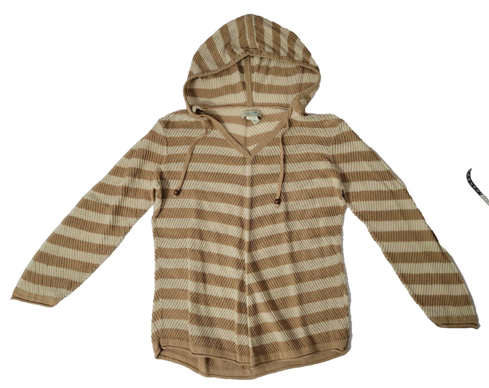 Caribbean Joe Womens M Tan Cream Striped Cotton Knit Hooded Pullover Sweater